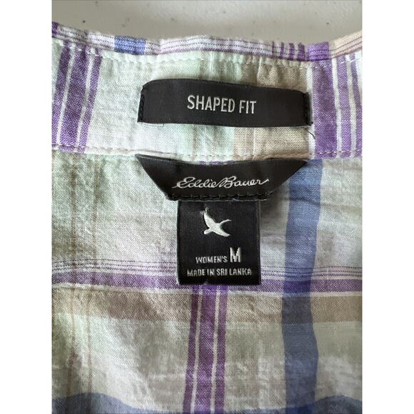 Eddie Bauer Shirt Women's Medium Blue Short Sleeve shaped fit button up pockets - Picture 6 of 11
